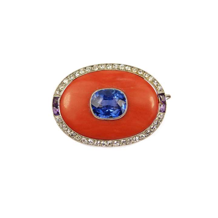 Early 20th century sapphire, corallium rubrum and diamond oval brooch